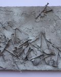 Ohne Titel 14-23, 2014, Acryl, Mischtechnik, Staub und verrostete Nägel aus dem Gewölbe des Ratzeburger Doms auf Leinwand, 30 x 40 cm